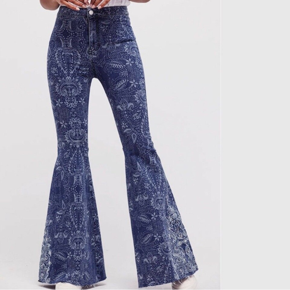 Free People embroidered dotted paisley flair jeans